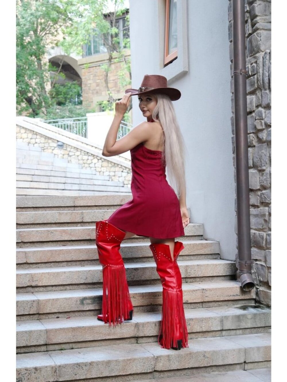 Women's Red Fringe Over Knee Thigh High Western Wide Calf Cowboy Boots - Picture 5 of 6